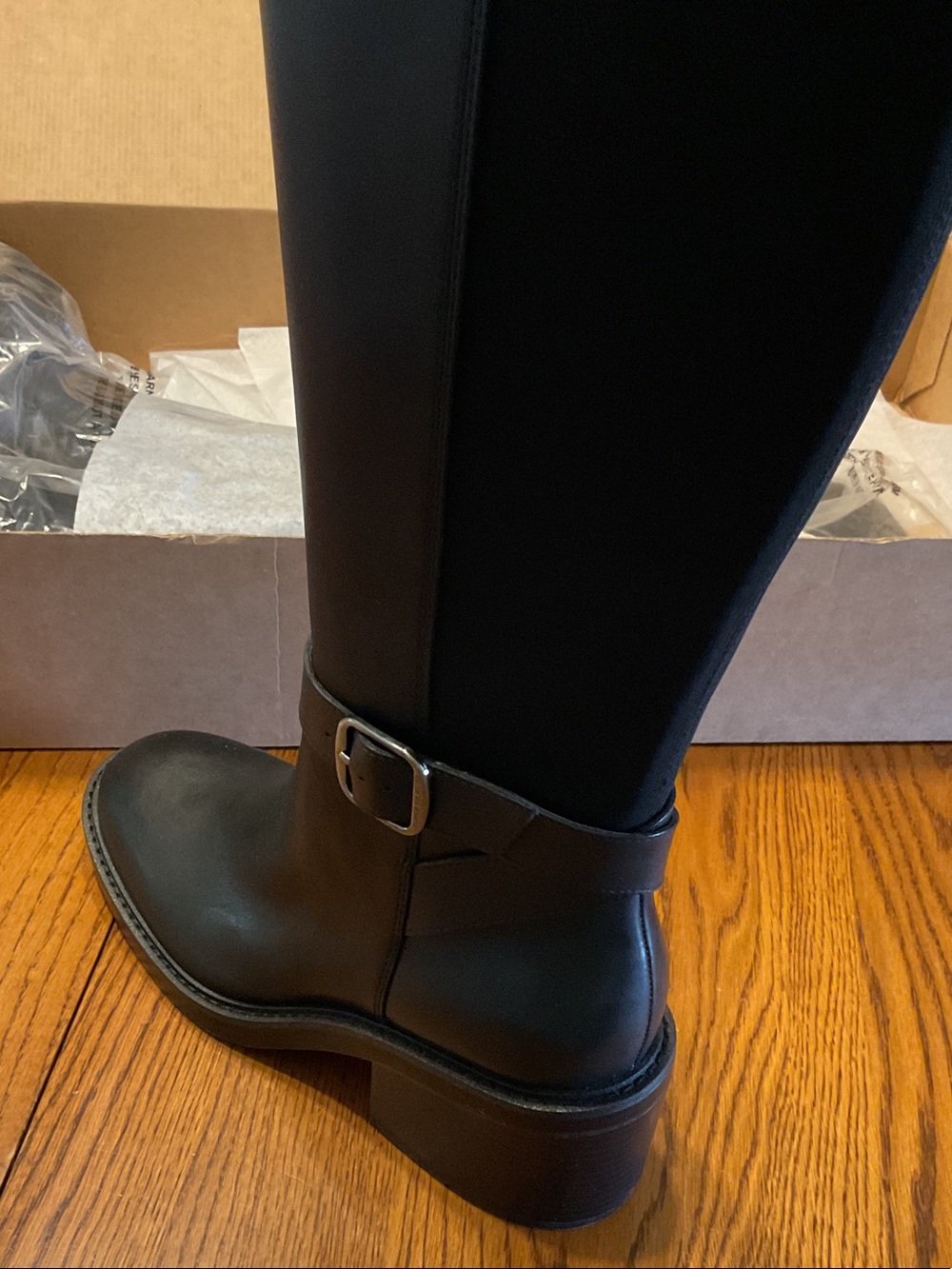 New Vince Camuto Black Leather Knee-High Buckle Boots, Stretch Fabric Back - Picture 4 of 8